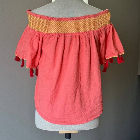 Off-Shoulder Boho Textured Cotton Top with Tassels - Size Small - Picture 8 of 8